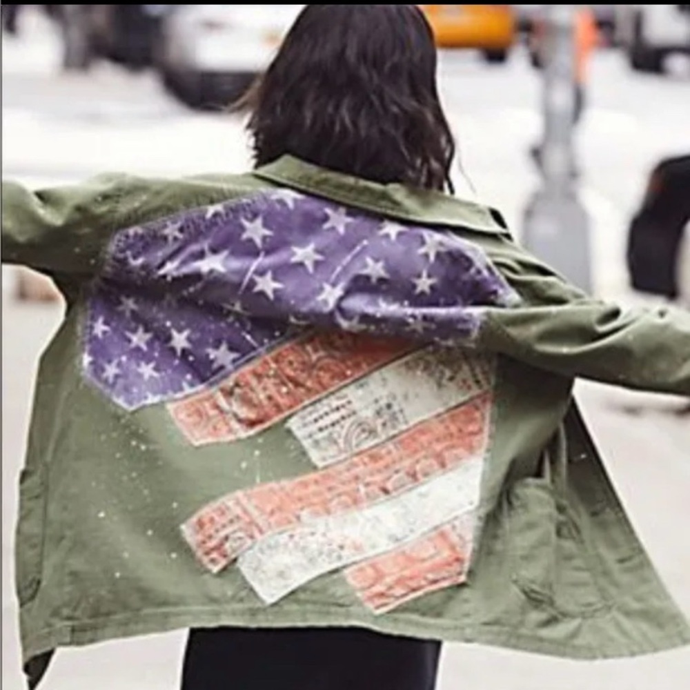 FREE PEOPLE Sz S SPRUCE MILITARY SHIRT JACKET AMERICAN FLAG ARMY GREEN Was $228